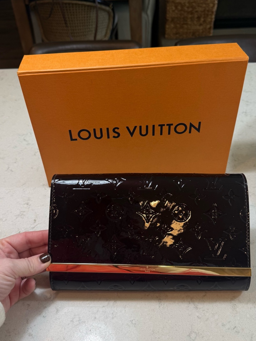 Louis Vuitton Patent Monogram Continental Wallet - Deep Bordeaux with Gold Trim